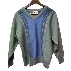 Gabicci Green and Blue Men's Small V-Neck Wool Blend Sweater